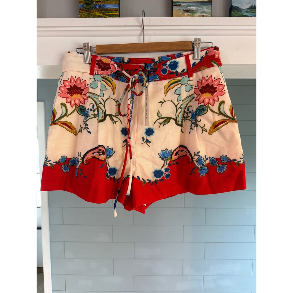 Commense Floral High Waisted Shorts Cream Red Paisley Print Size L NWT